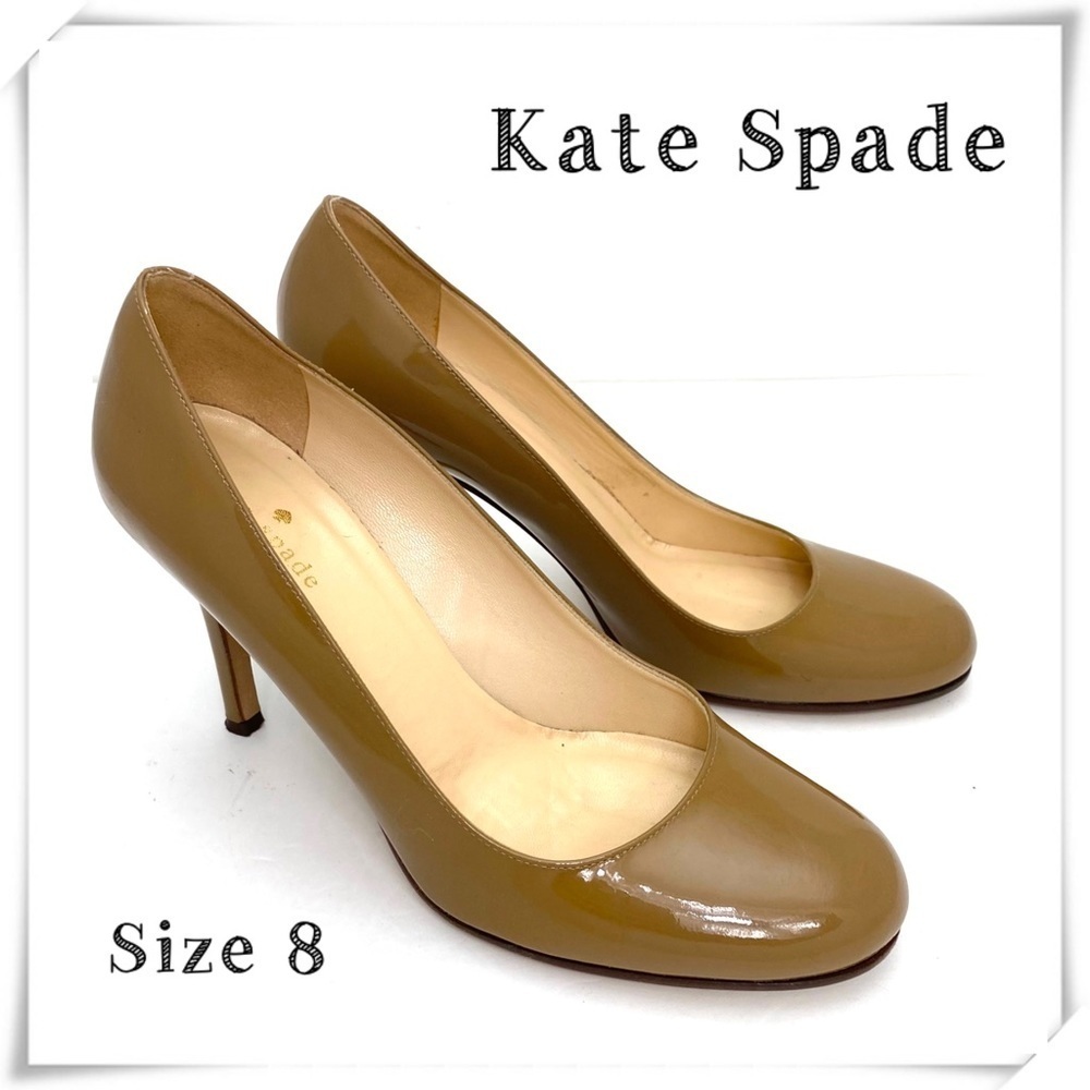 KATE Spade Patent Leather Round Toe Mid High Heel Pumps Nude Tan Brown Size 8